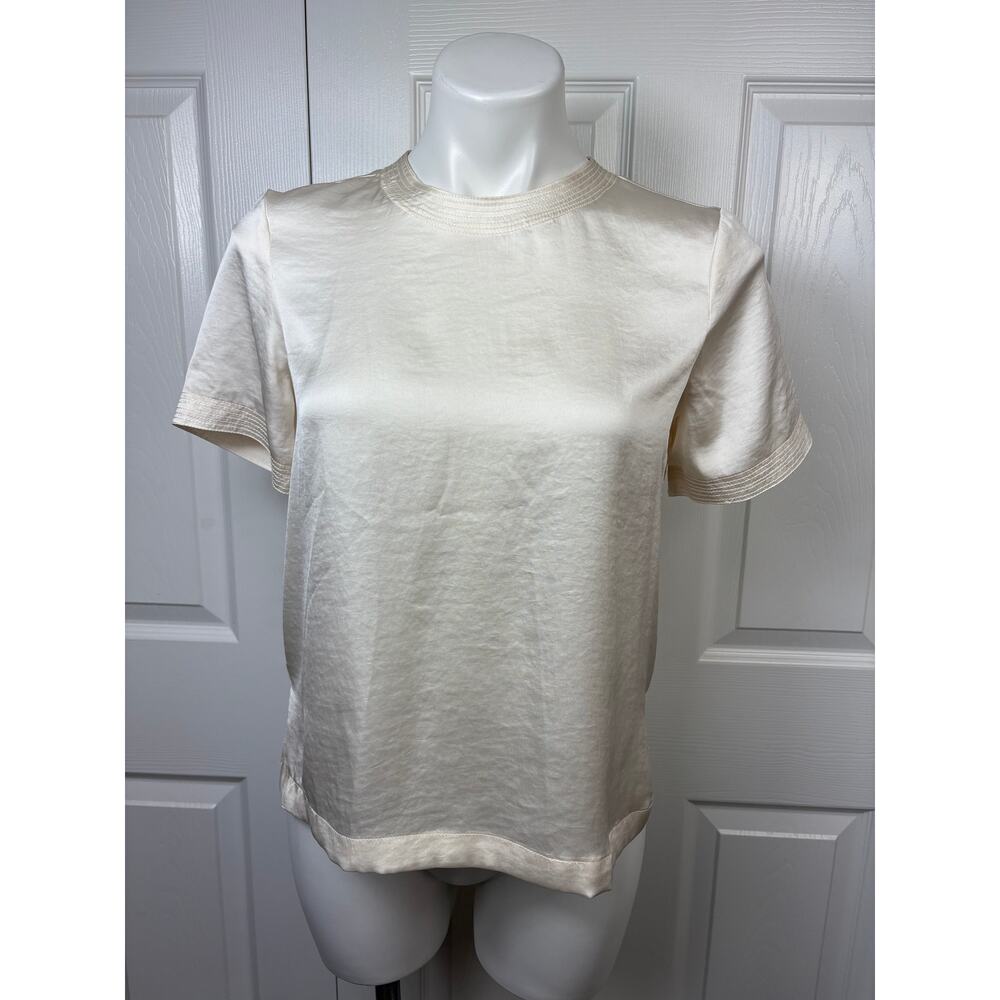MNG Basic sWomen's Cream Top Short Sleeve Sateen Size 2 Blouse Crew Neck